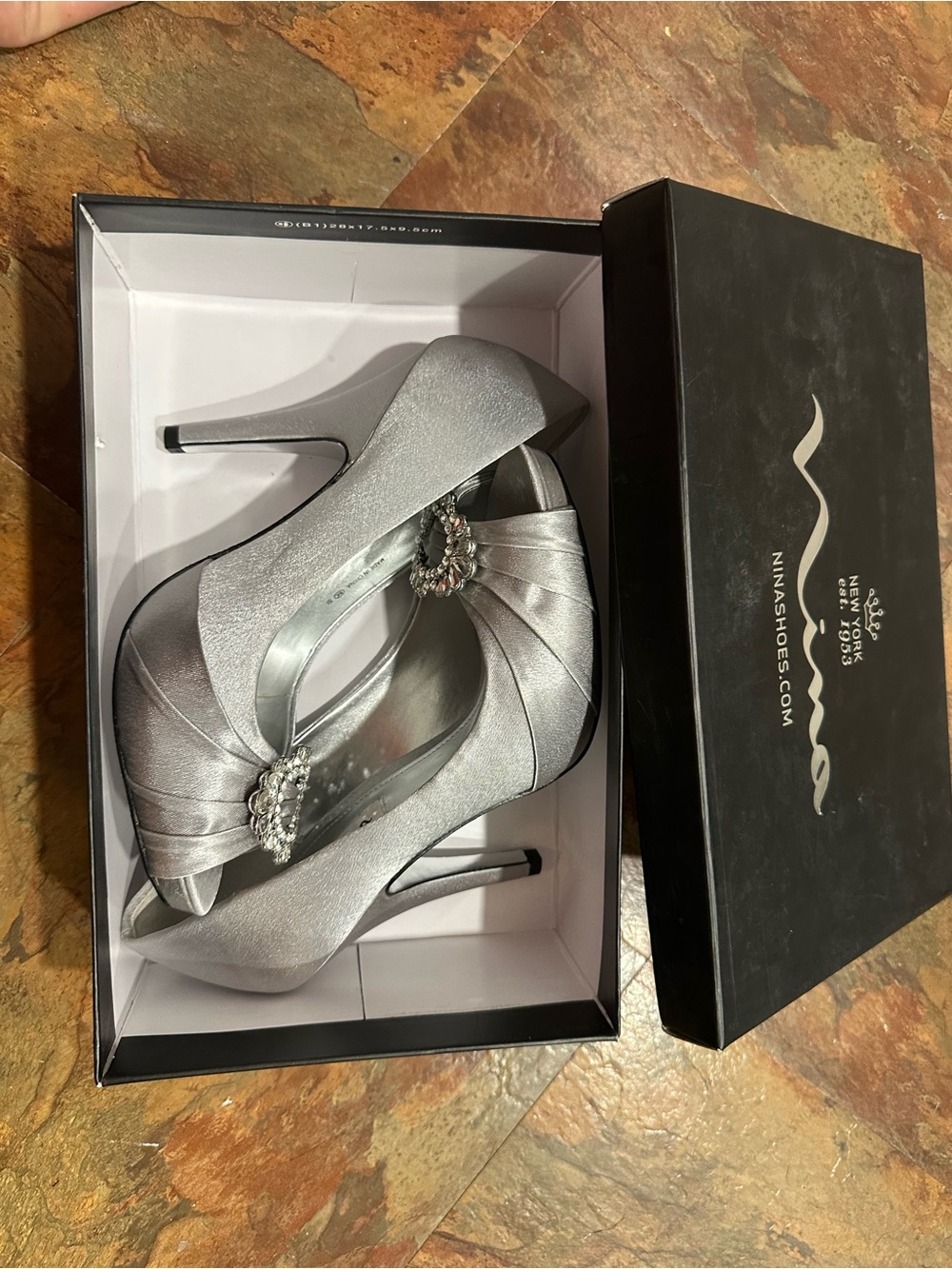 Nina Silver Satin Peep-Toe Heels with Rhinestone Brooch
